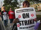Striking Chicago public school teachers outside of George Westinghouse College Prep high school earlier today.