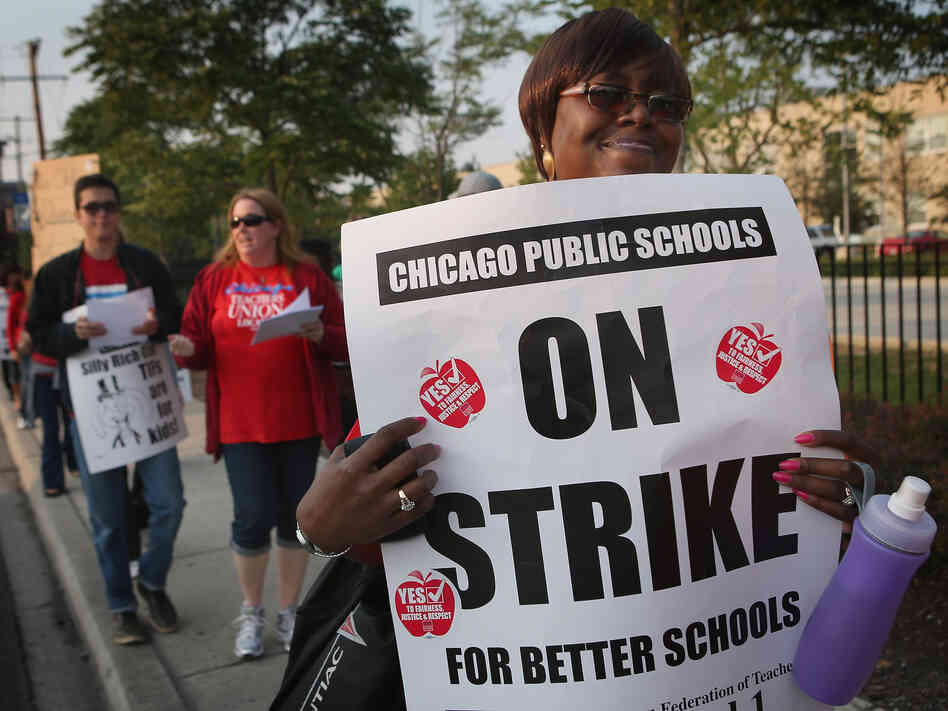 Striking Chicago public school teachers outside of George Westinghouse College Prep high school earlier today.