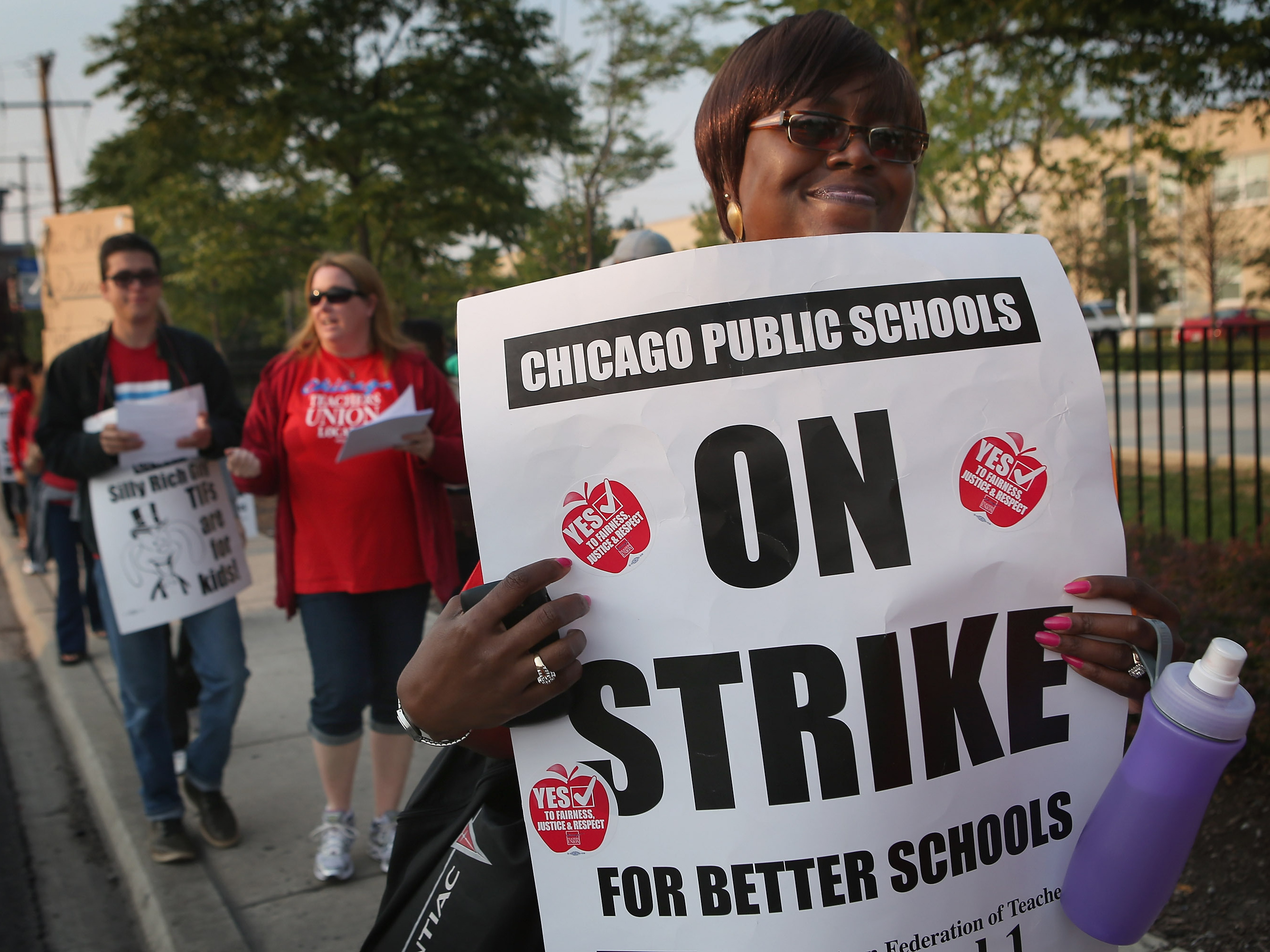 Striking Chicago public school teachers outside of George Westinghouse College Prep high school earlier today.