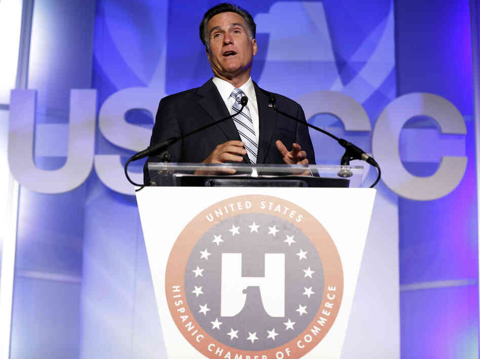 Republican presidential nominee Mitt Romney made his pitch for Latino votes at the U.S. Hispanic Chamber of Commerce convention in Los Angeles on Monday.