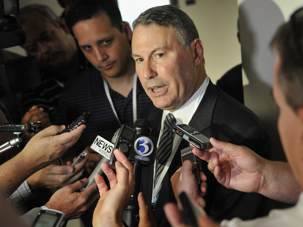 Big East commissioner Mike Aresco answers questions from the media before an NCAA college football game. Aresco says there are no plans for the conference to change its name.
