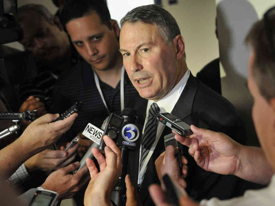 Big East commissioner Mike Aresco answers questions from the media before an NCAA college football game. Aresco says there are no plans for the conference to change its name.