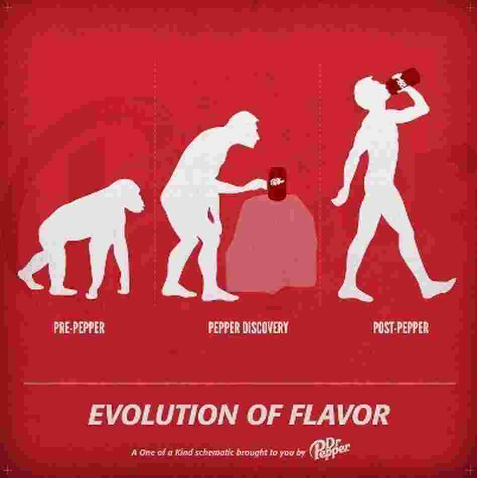 Dr Pepper's Facebook ad is the latest riff on a 1965 evolutionary graphic, which apparently still has the power to provoke. Dr Pepper's Facebook ad is the latest riff on a 1965 evolutionary graphic, which apparently still has the power to provoke.