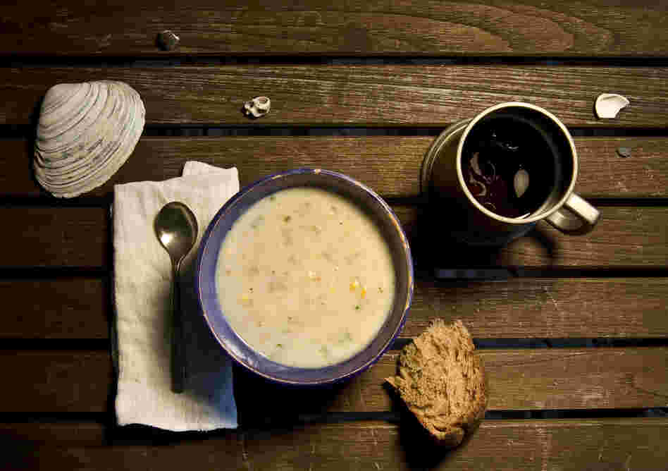 "It was made of small juicy clams, scarcely bigger than hazel nuts, mixed with pounded ship biscuit, and salted pork cut up into little flakes; the whole enriched with butter, and plentifully seasoned with pepper and salt." (Moby Dick)