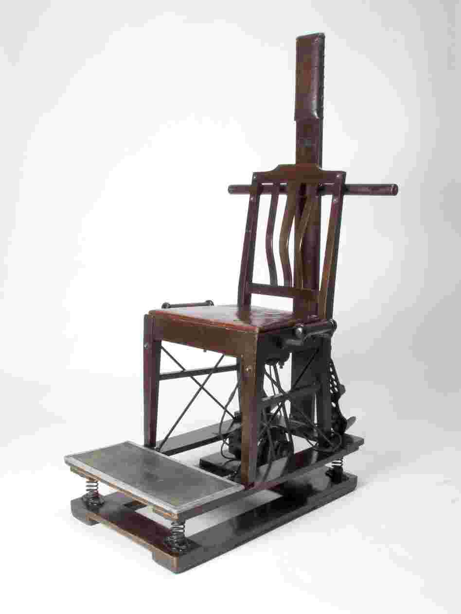 The Kellogg Vibratory Chair.  Though it looks like an instrument of capital punishment, this electric-powered chair was reputed to cure constipation and improve respiration.  The chair shook and rattled so violently that patients had to hold firmly onto side handles.
