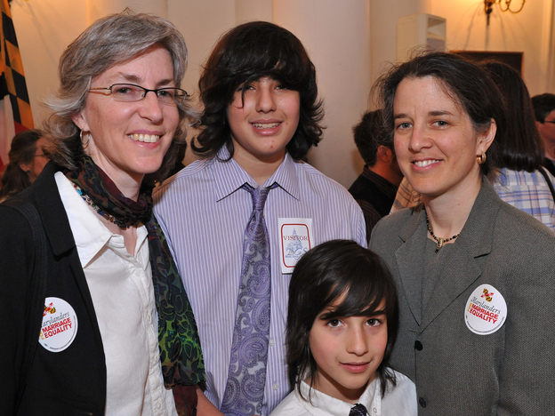 In March, Stacey Kargman-Kaye (left) and her partner, Sharon Gorenstein, with sons Asher, 13, and Ezra, 8, gathered at the Maryland Statehouse in Annapolis to witness the signing of a law recognizing same-sex marriage. On Nov. 6, Maryland voters will decide whether to overturn the new law.