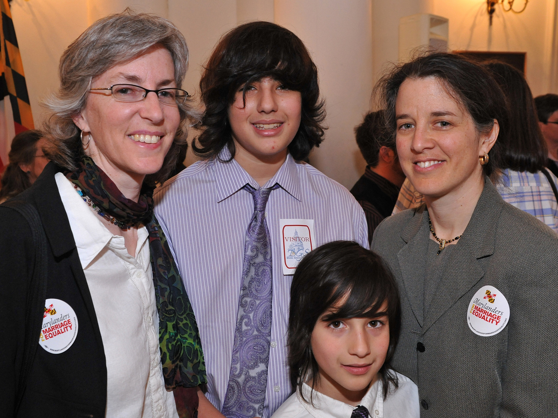 In March, Stacey Kargman-Kaye (left) and her partner, Sharon Gorenstein, with sons Asher, 13, and Ezra, 8, gathered at the Maryland Statehouse in Annapolis to witness the signing of a law recognizing same-sex marriage. On Nov. 6, Maryland voters will decide whether to overturn the new law.