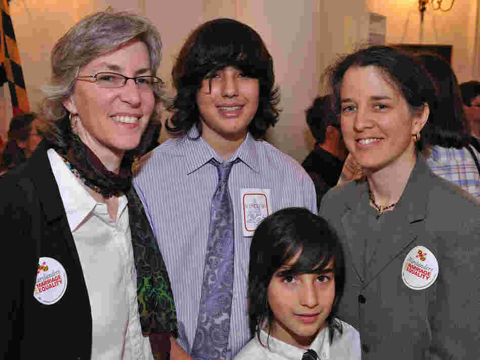 In March, Stacey Kargman-Kaye (left) and her partner, Sharon Gorenstein, with sons Asher, 13, and Ezra, 8, gathered at the Maryland Statehouse in Annapolis to witness the signing of a law recognizing same-sex marriage. On Nov. 6, Maryland voters will decide whether to overturn the new law.
