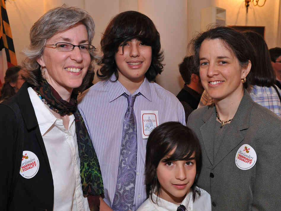 In March, Stacey Kargman-Kaye (left) and her partner, Sharon Gorenstein, with sons Asher, 13, and Ezra, 8, gathered at the Maryland Statehouse in Annapolis to witness the signing of a law recognizing same-sex marriage. On Nov. 6, Maryland voters will decide whether to overturn the new law.
