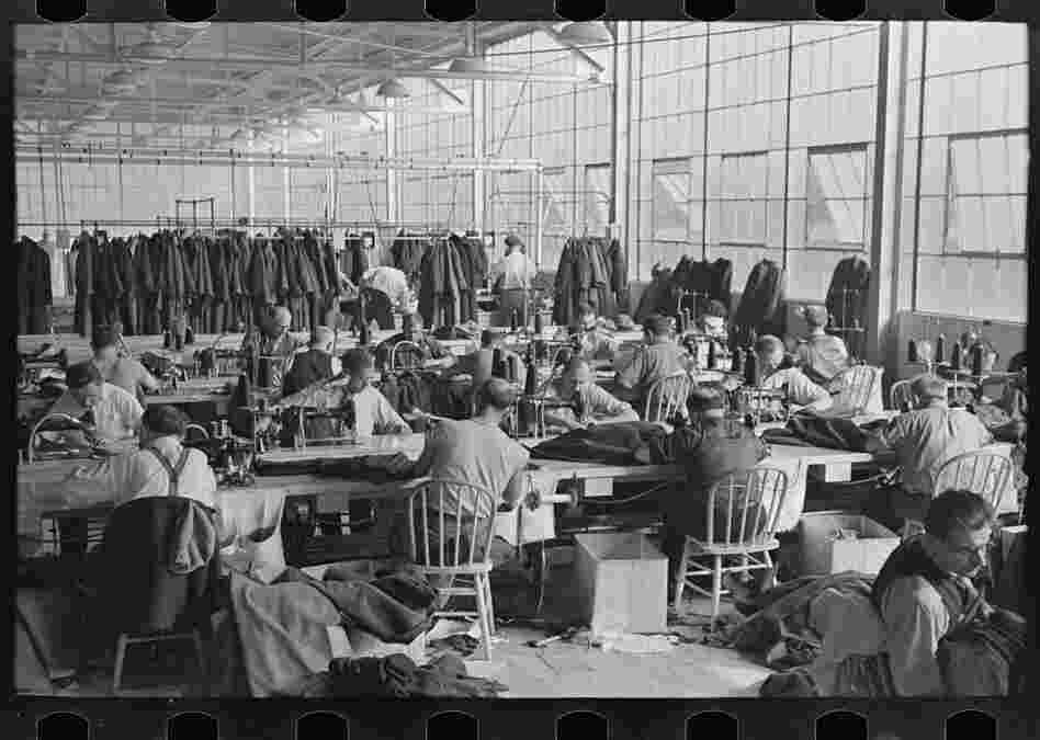 Some 80 garment workers at work in the town's cooperative factory. This was one of a handful of cooperative ventures that were built to be at the center of this new, utopian town. Most failed.