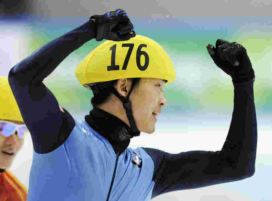 Simon Cho of the U.S. celebrates during the 500 meter men's final race at the Short Track Speed Skating World Cup in Dresden in 2011.