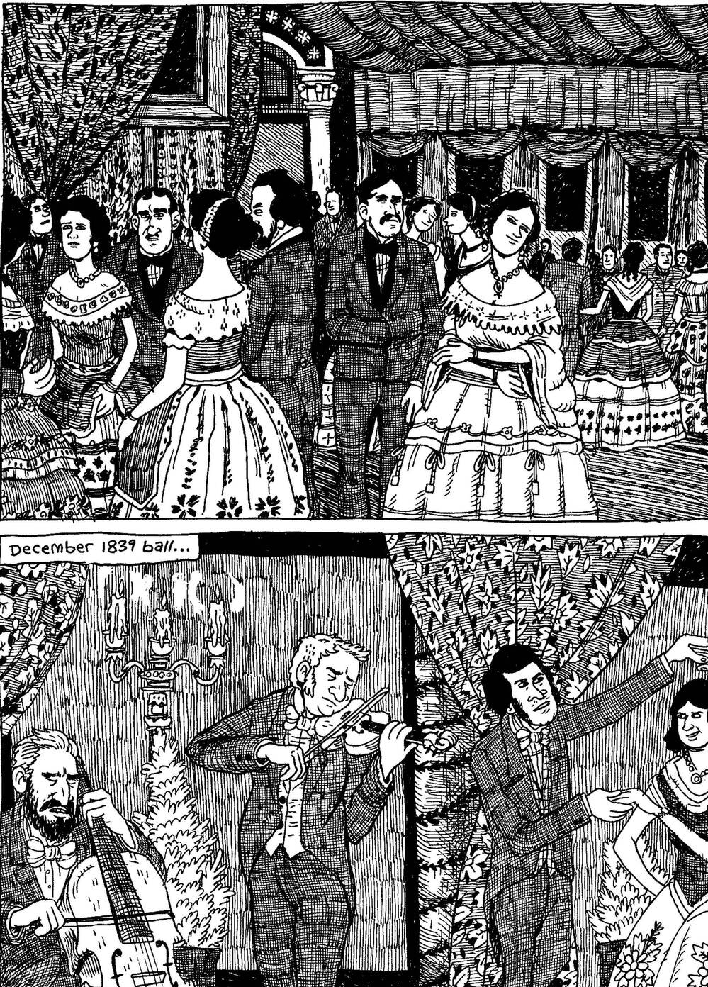 Fancy types, cuttin' loose. From The Hypo: The Melancholic Young Lincoln © 2012 Noah Van Sciver