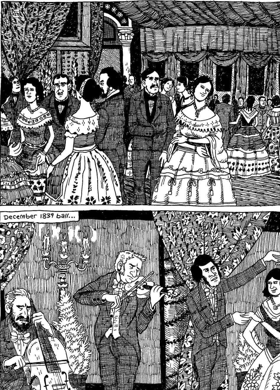 Fancy types, cuttin' loose. From The Hypo: The Melancholic Young Lincoln © 2012 Noah Van Sciver