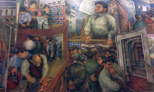 A section of Ben and Bernarda Shahn's mural in Roosevelt, N.J.'s elementary school depicts the plight of laborers.