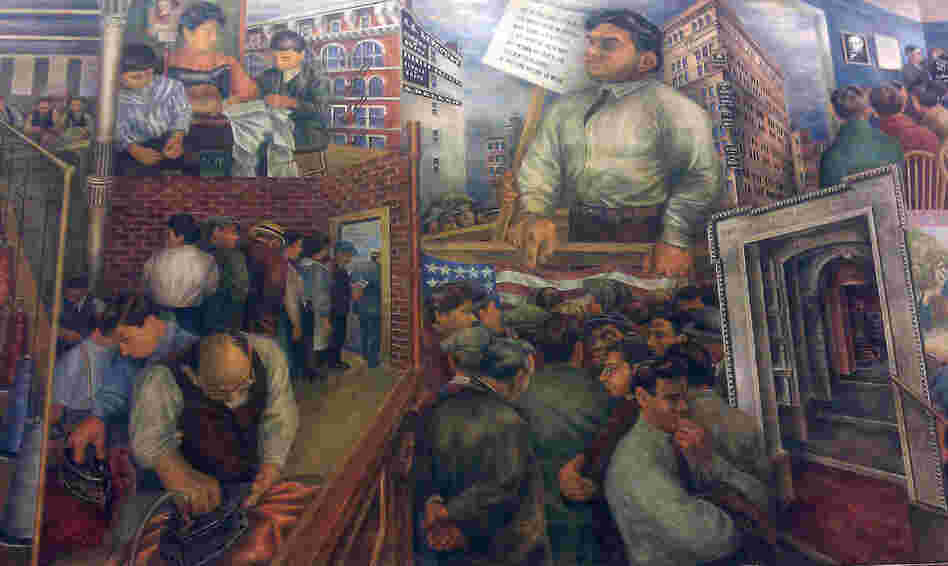 A section of Ben and Bernarda Shahn's mural in Roosevelt, N.J.'s elementary school depicts the plight of laborers.