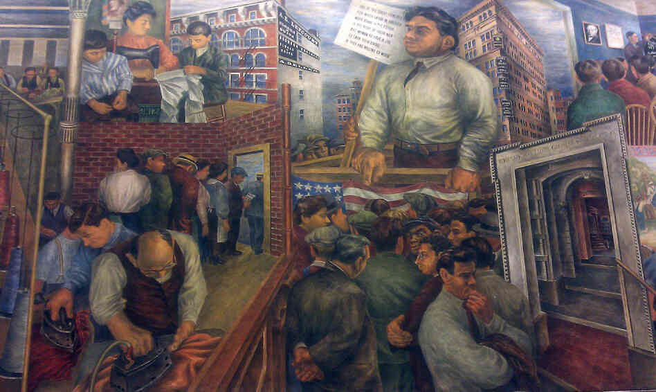 A section of Ben and Bernarda Shahn's mural in Roosevelt, N.J.'s elementary school depicts the plight of laborers.