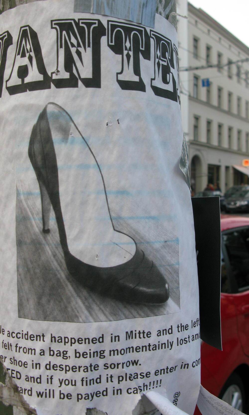 Becke's notice told of a "horrible accident." Still no sign of the missing shoe, but the Berlin-based model is optimistic.