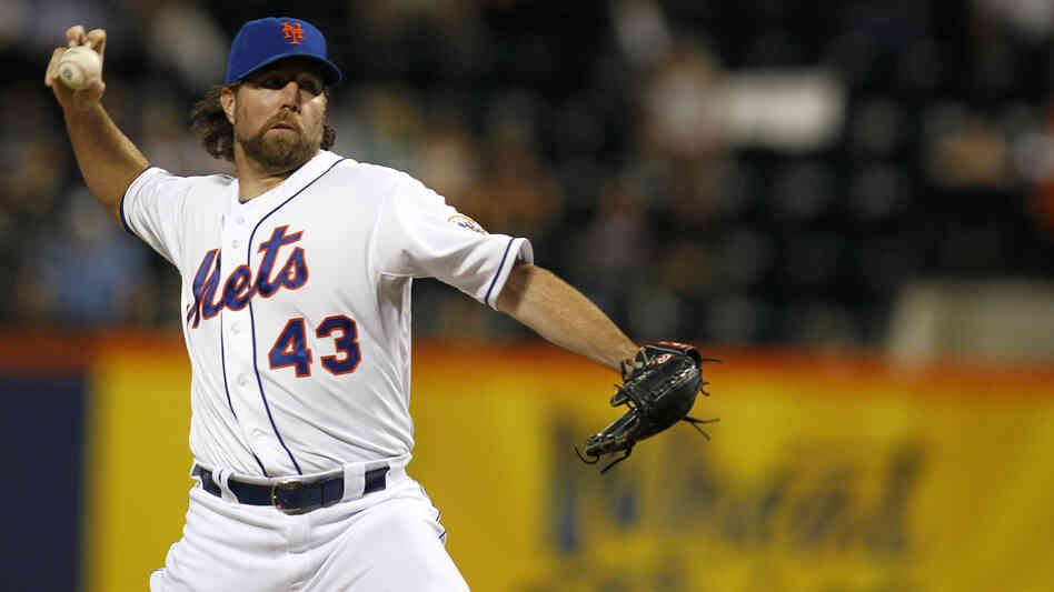 R.A. Dickey of the New York Mets pitches against the Washington Nationals during a game at Citi Field in New York.