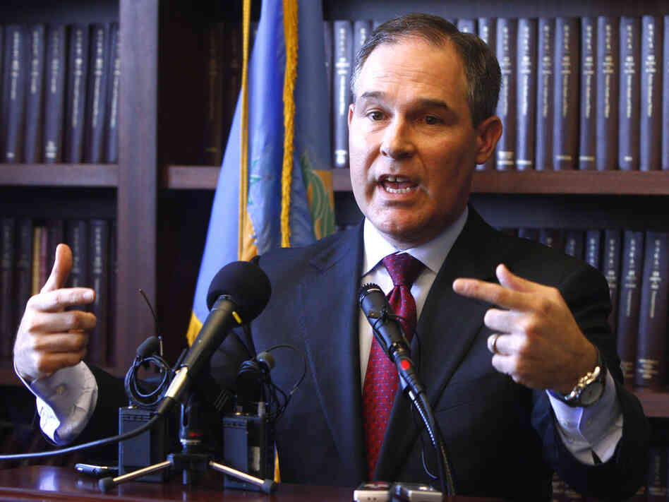 Oklahoma Attorney General Scott Pruitt, seen at a news conference in early 2011 before he took office, promised to file a lawsuit soon after he was sworn in. He did.