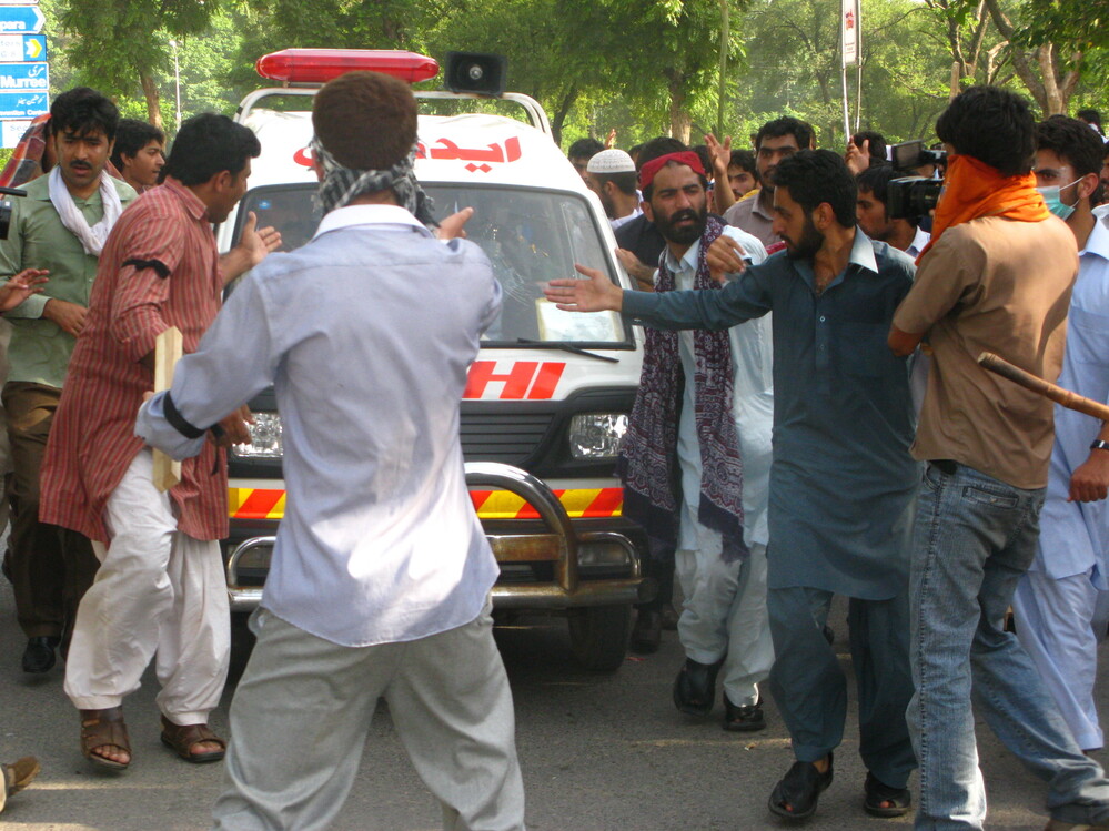 One scene from the site of today's protest in Islamabad, where men identified as students got through police barricades and into the diplomatic enclave.