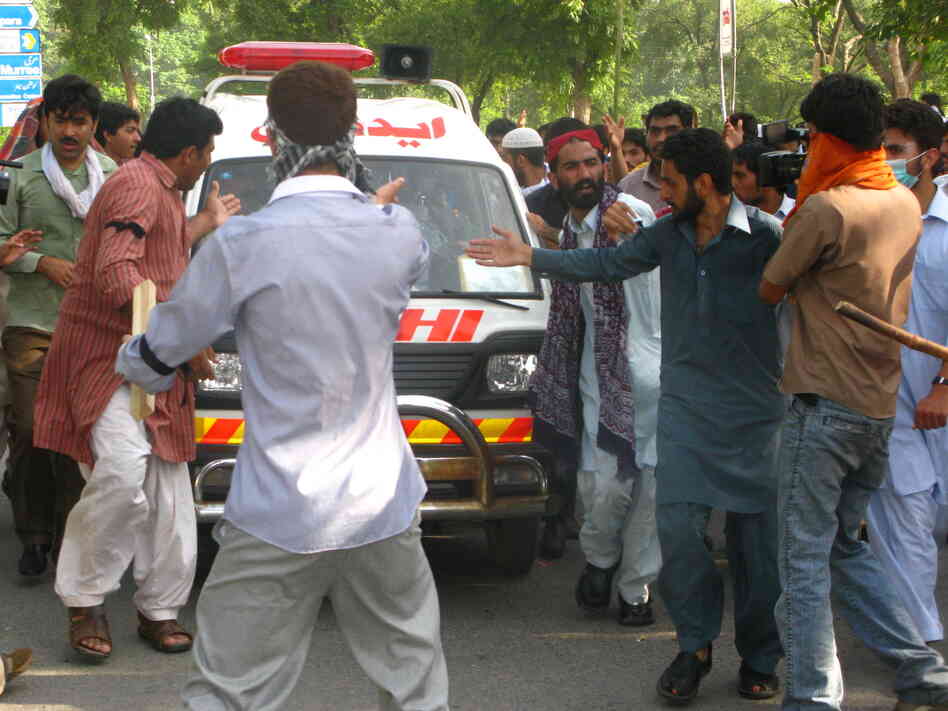 One scene from the site of today's protest in Islamabad, where men identified as students got through police barricades and into the diplomatic enclave.