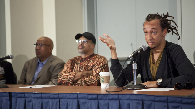 Gerald Clayton, right, was joined on the panel by Mtume (center) and Willard Jenkins.