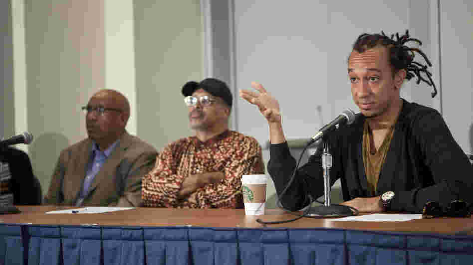 Gerald Clayton, right, was joined on the panel by Mtume (center) and Willard Jenkins.