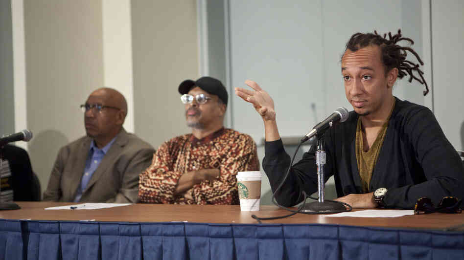 Gerald Clayton, right, was joined on the panel by Mtume (center) and Willard Jenkins.