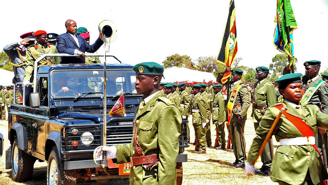 President Yoweri Museveni inspects Ugandan troops at a ceremony honoring Rwandan President Paul Kagame in January of this year.