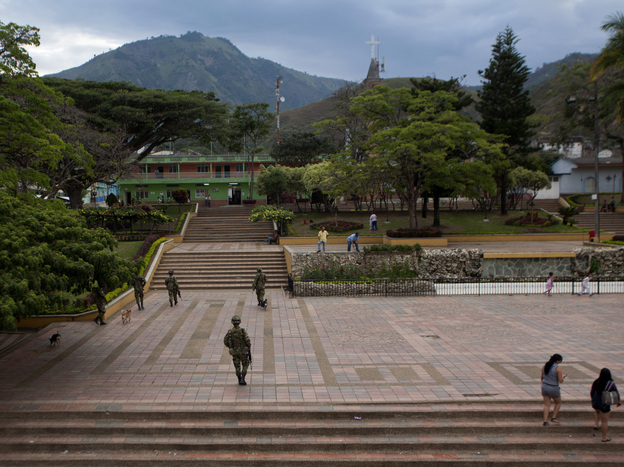Colombian soldiers patrol the town of Planadas on Sept. 6. The military has stepped up its presence in Tolima state.