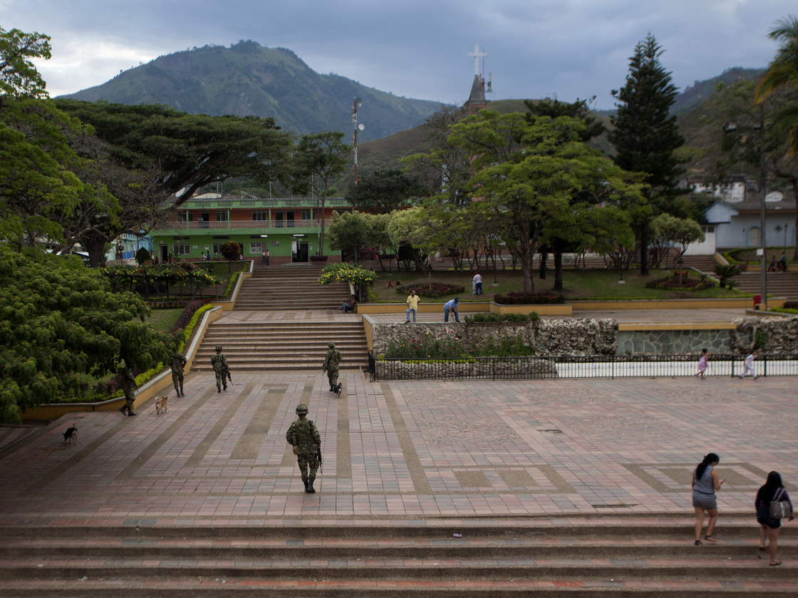 Colombian soldiers patrol the town of Planadas on Sept. 6. The military has stepped up its presence in Tolima state.