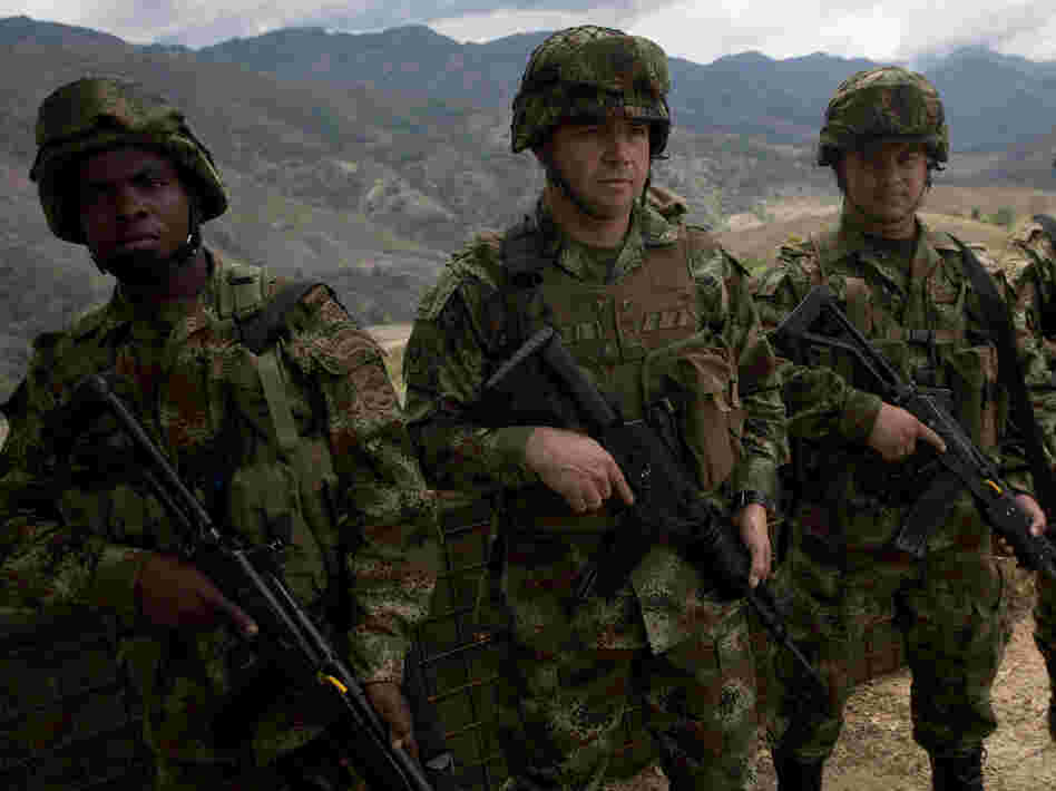 Army Col. Jairo Leguizamon (second from left) commands a mobile insurgency brigade in Planadas. Though the military has made inroads in rebel areas, the guerrillas continue to launch attacks.