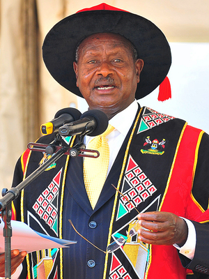 Ugandan President Yoweri Museveni, who has ruled since 1986, speaks in January at Uganda's Makarere University in the capital Kampala. Uganda celebrates a half-century of independence next month, and Museveni has ruled for more than half of that time.