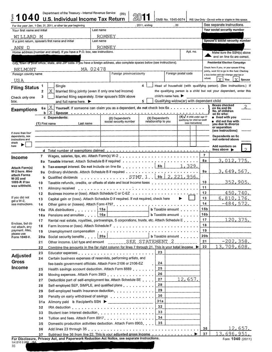 This handout image provided by the Romney campaign shows the front page of Mitt Romney's 2011 tax return.