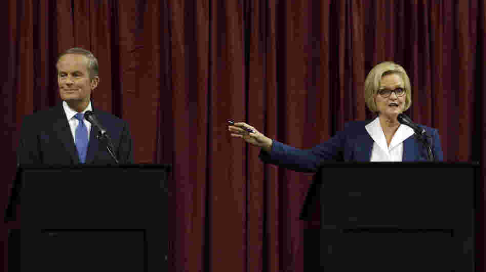 Republican Rep. Todd Akin and incumbent Democratic Sen. Claire McCaskill debate Friday in Columbia, Mo. McCaskill had once been considered among the most vulnerable Senate Democrats until Akin made comments about "legitimate rape." The candidates were asked about Akin's controversial statement at the start of Friday's debate.