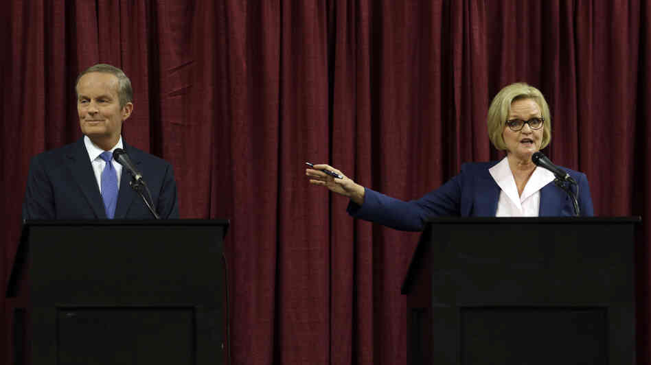 Republican Rep. Todd Akin and incumbent Democratic Sen. Claire McCaskill debate Friday in Columbia, Mo. McCaskill had once been considered among the most vulnerable Senate Democrats until Akin made comments about "legitimate rape." The candidates were asked about Akin's controversial statement at the start of Friday's debate.
