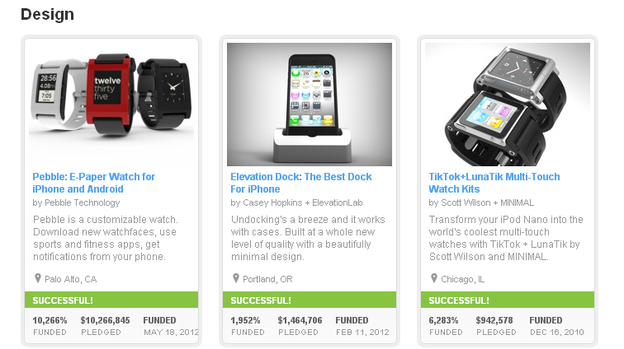 A screengrab shows three highly funded Design projects currently on Kickstarter's site. The company's founder say they will require more information about the challenges potential entrepreneurs could face.