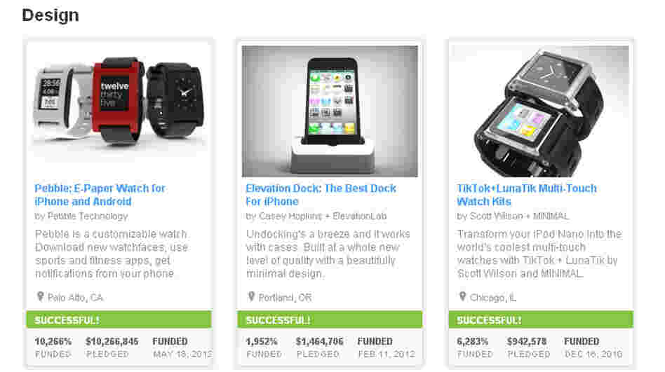 A screengrab shows three highly funded Design projects currently on Kickstarter's site. The company's founder say they will require more information about the challenges potential entrepreneurs could face.