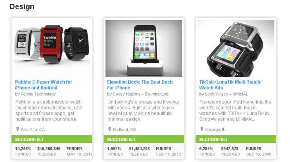 A screengrab shows three highly funded Design projects currently on Kickstarter's site. The company's founder say they will require more information about the challenges potential entrepreneurs could face.
