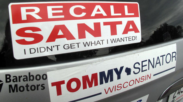 A bumper sticker on the car of Bob Greenwood of Baraboo, Wis. "Recall Santa" reflects the bitterly divisive recall election this year, which Republican Gov. Scott Walker survived easily.
