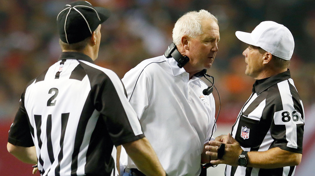 Denver Broncos Coach John Fox yells at field judge Jimmy Buchanan during the Broncos' game against Atlanta Monday. Referring to the game, the NFL insisted that players and coaches give replacement referees, and the game, more respect.