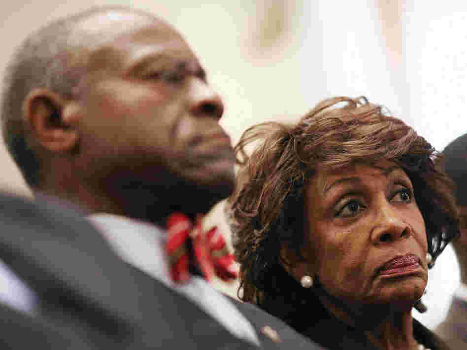 Rep. Maxine Waters, D-Calif., and her husband Sidney Williams at the Capitol Hill hearing today where it was announced that she's been cleared.