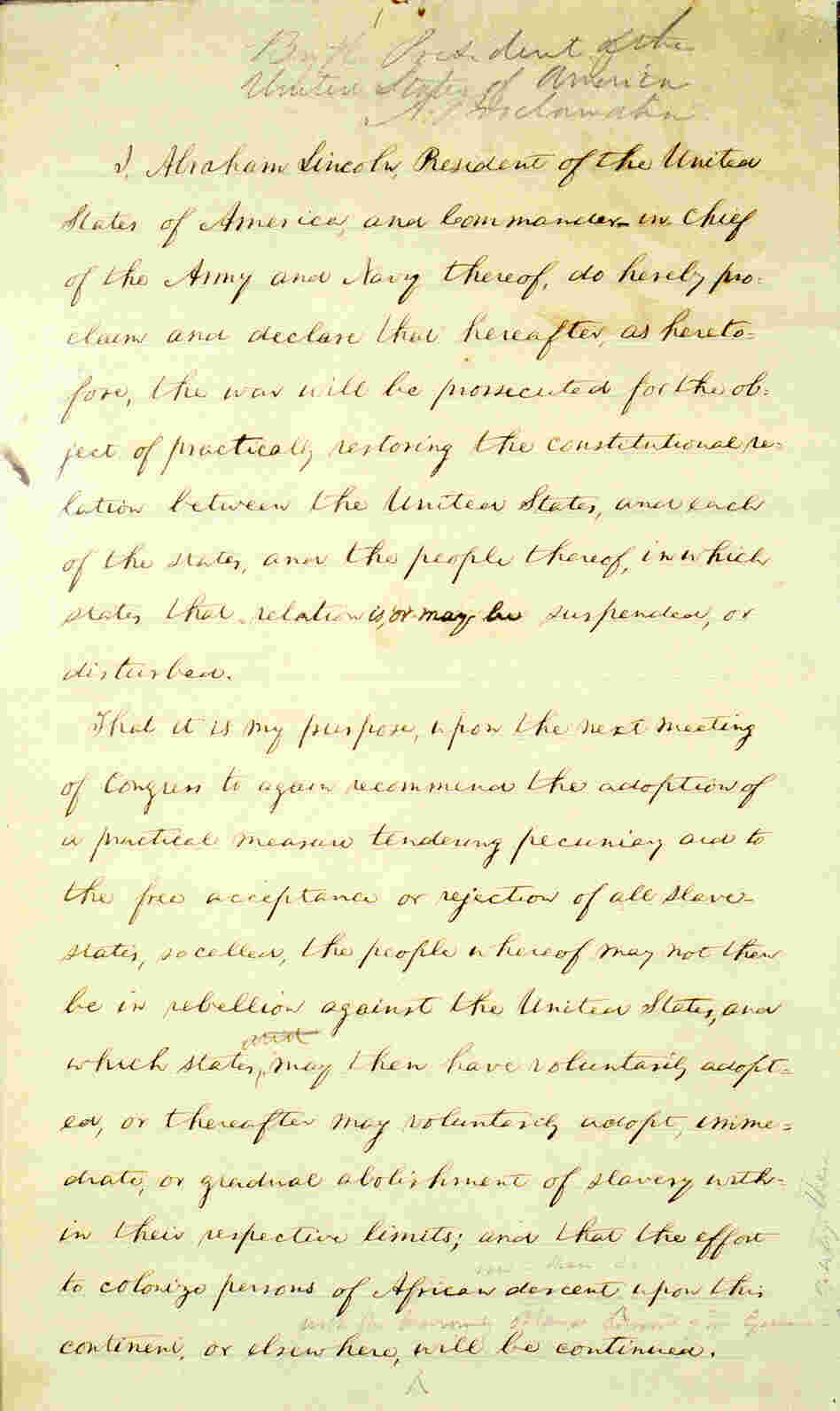 Page 1 of Abraham Lincoln's hand-written Preliminary Emancipation Proclamation.