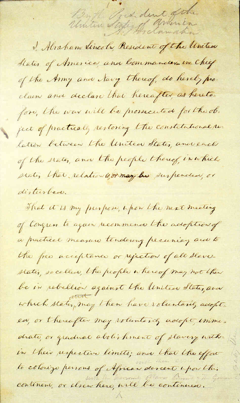 Page 1 of Abraham Lincoln's hand-written Preliminary Emancipation Proclamation.