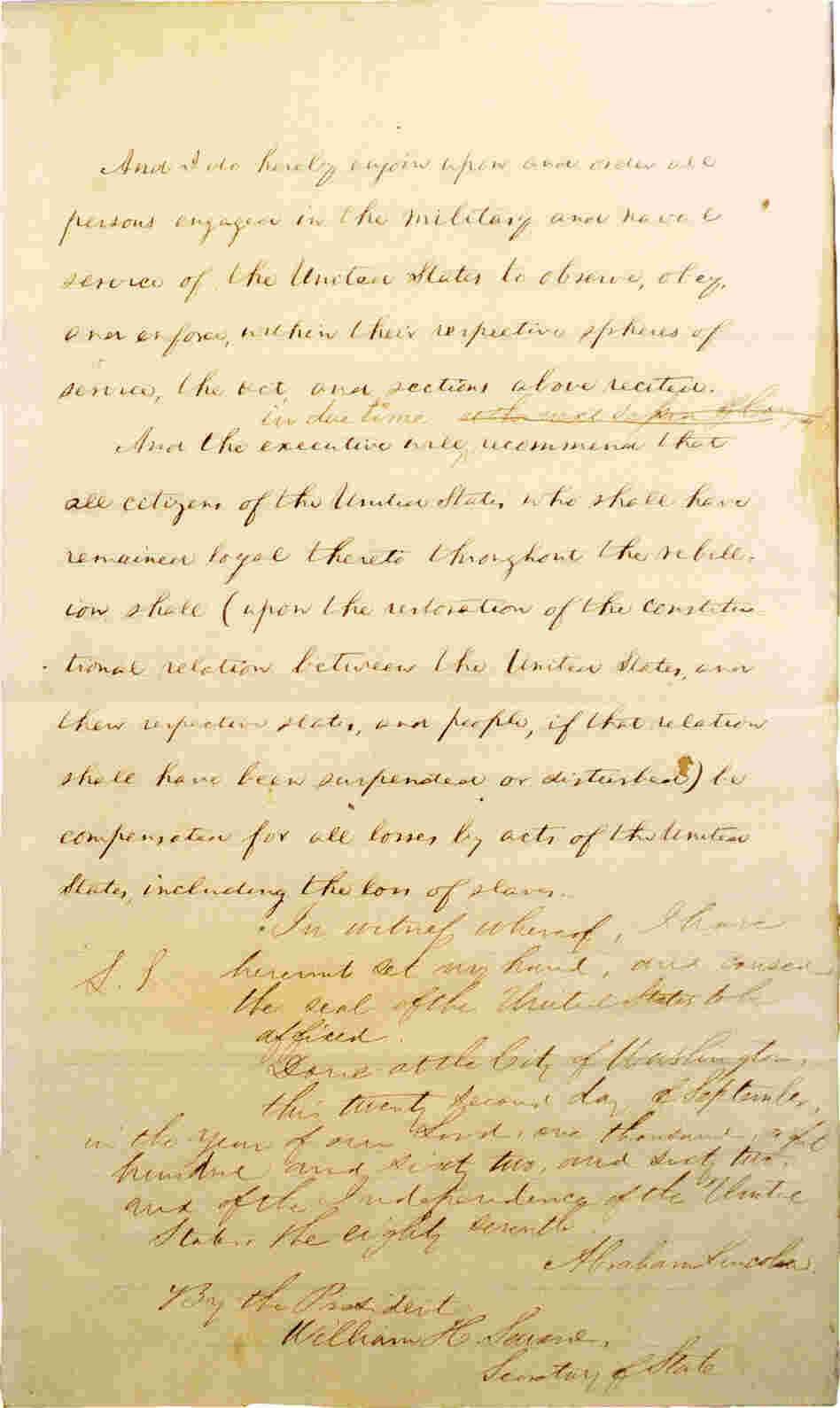 Page 4 of Abraham Lincoln's hand-written Preliminary Emancipation Proclamation.