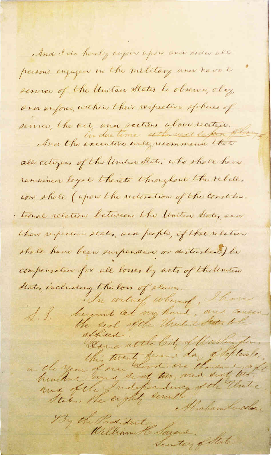 Page 4 of Abraham Lincoln's hand-written Preliminary Emancipation Proclamation.