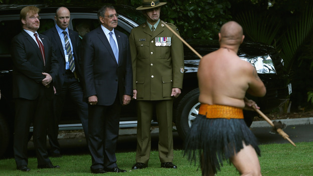 U.S. Secretary of Defense Leon Panetta is given a traditional Maori welcome onto the grounds of the Government House on Friday in Auckland, New Zealand.