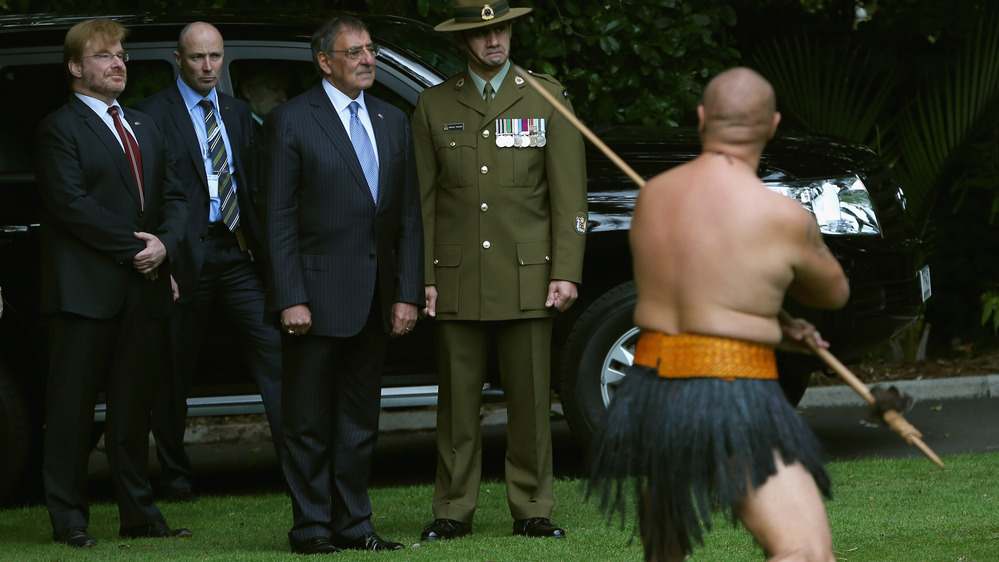U.S. Secretary of Defense Leon Panetta is given a traditional Maori welcome onto the grounds of the Government House on Friday in Auckland, New Zealand.