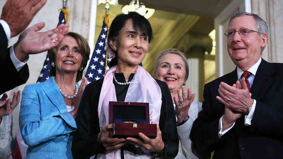 Burmese opposition politician Aung San Suu Kyi is presented with a U.S. Congressional Gold Medal at a ceremony at the rotunda of the U.S. Capitol on Wednesday in Washington, D.C.