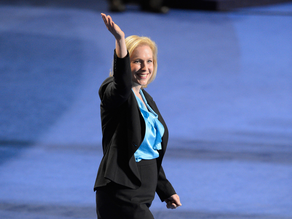U.S. Democratic Sen. Kirsten Gillibrand of New York waves as she takes the stage at the Democratic National Convention in Charlotte, N.C., earlier this month.